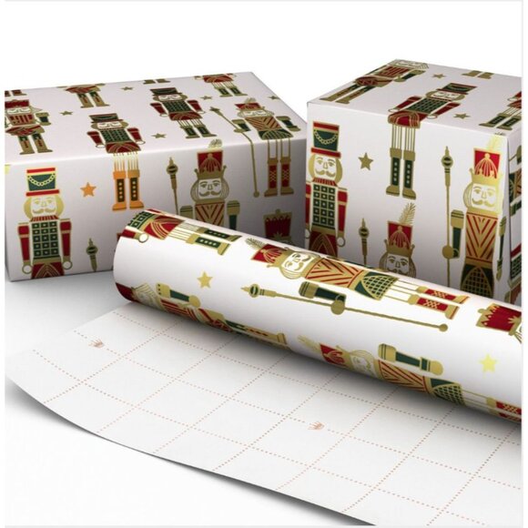 Hallmark Wrapping Paper Christmas Nutcrackers Metallic Cream 22.5 sq ft Roll - Picture 3 of 6